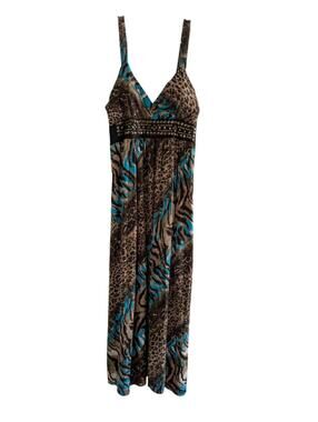 Studio West Women's Animal Print Maxi Dress, Blue Brown, Large, Boho Sundress
